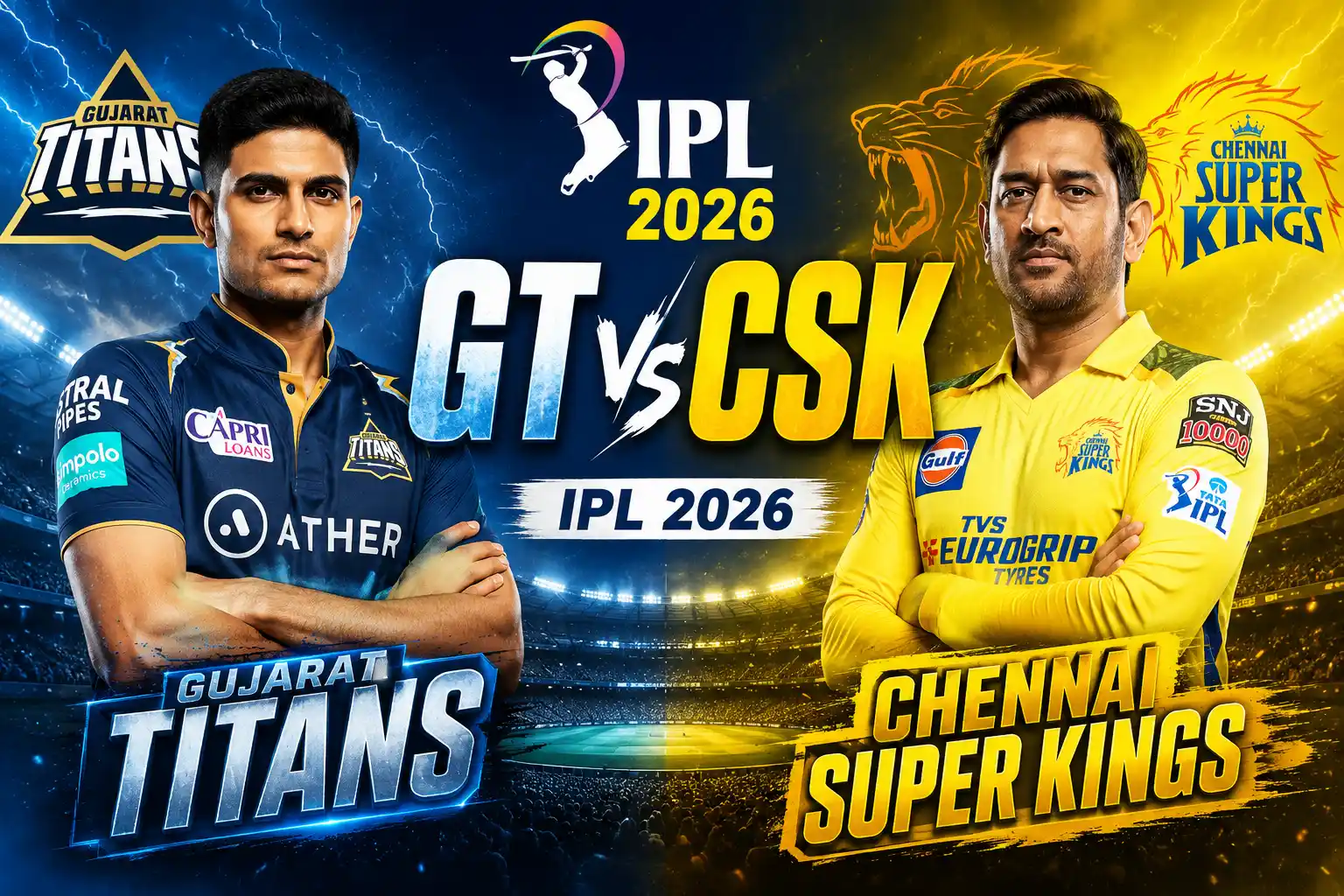 IPL 2026 GT vs CSK thumbnail featuring Gujarat Titans player in blue jersey and Chennai Super Kings player in yellow jersey with dramatic stadium background and bold GT vs CSK text.