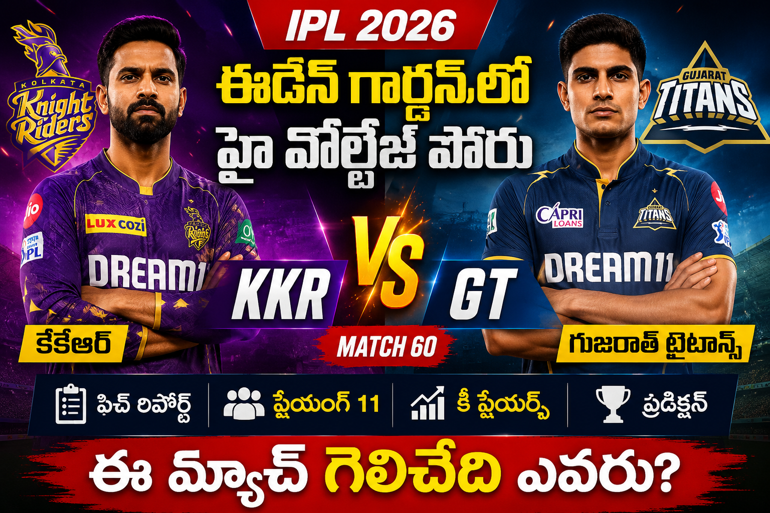 KKR vs GT IPL 2026 మ్యాచ్ పోస్టర్‌లో కోల్‌కతా నైట్ రైడర్స్ మరియు గుజరాత్ టైటాన్స్ కెప్టెన్లు ఈడెన్ గార్డెన్స్ పోరుకు సిద్ధంగా ఉన్న దృశ్యం