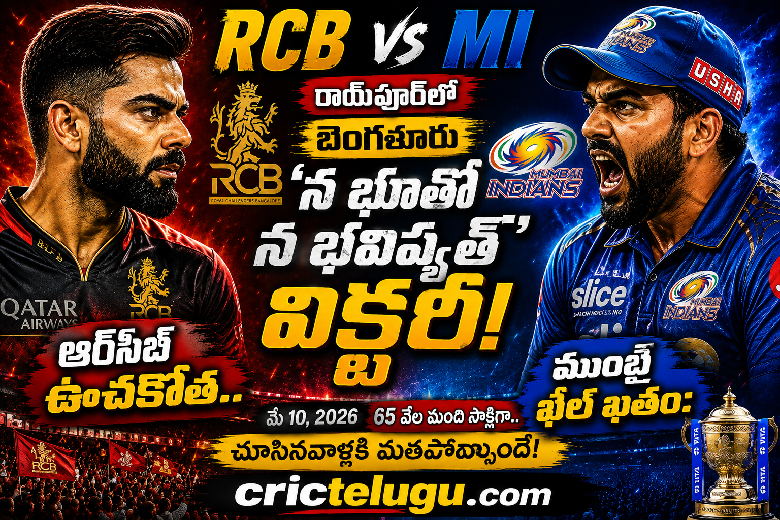 RCB vs Mumbai Indians Telugu IPL thumbnail featuring Virat Kohli and Rohit Sharma after Bengaluru historic win in Raipur