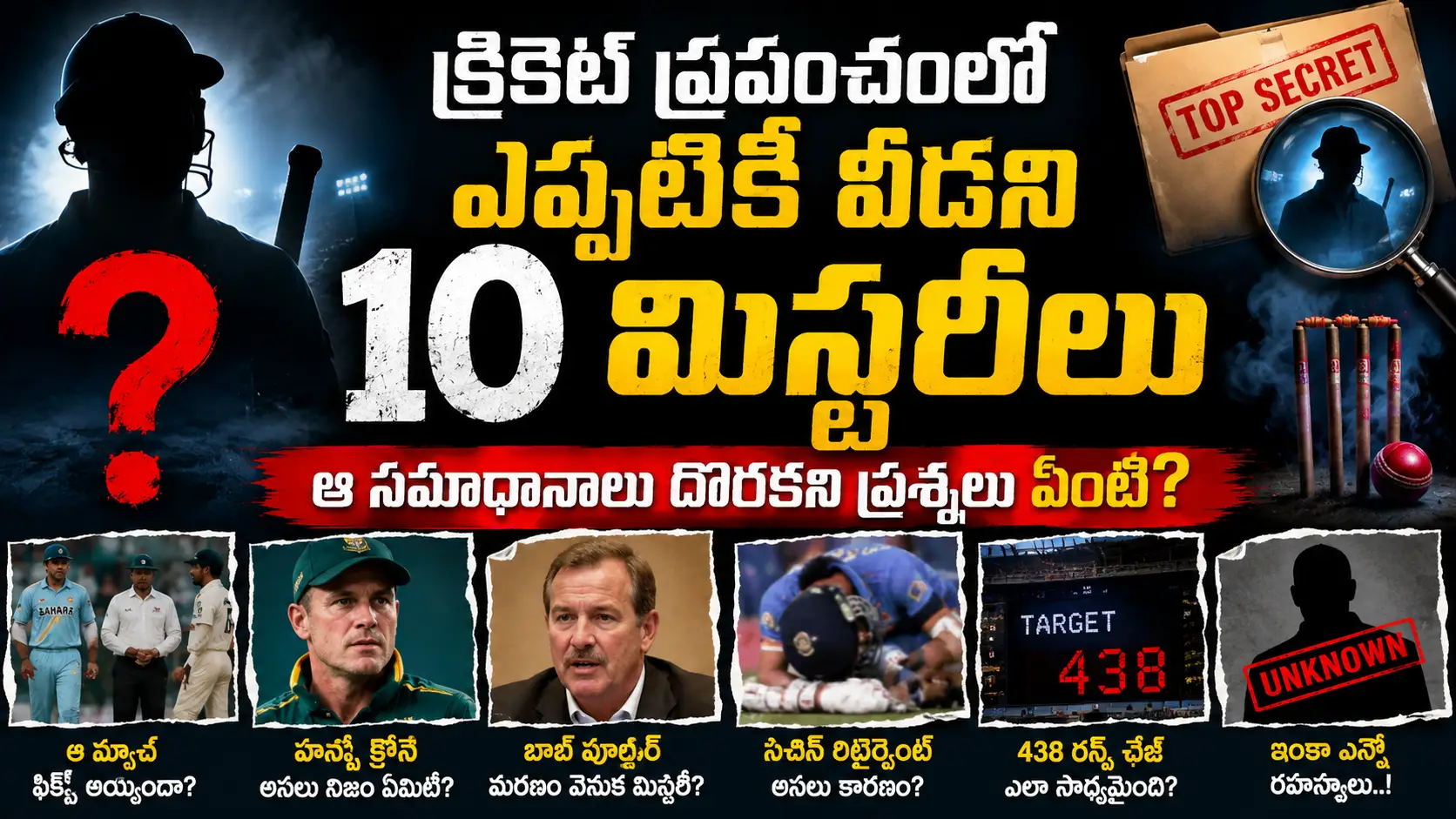 cricket-unsolved-mysteries.rictelugu.com బ్రాండింగ్‌తో రూపొందించిన క్రికెట్ ప్రపంచంలోని 10 అతిపెద్ద మిస్టరీల థంబ్‌నెయిల్. రహస్యమైన క్రికెటర్ సిల్హౌట్, హాన్సీ క్రోన్యే, బాబ్ వూల్మర్, 438 పరుగుల చేజ్ మరియు ఇతర అనుమానాస్పద సంఘటనల చిత్రాలు ఇందులో కనిపిస్తున్నాయి.