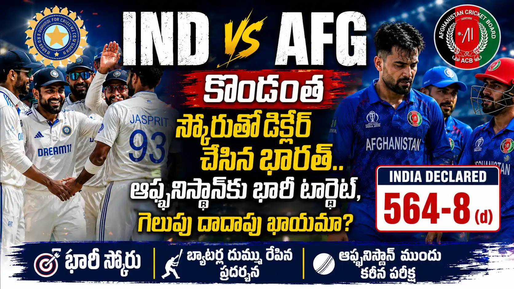 IND vs AFG మ్యాచ్‌లో భారత్ 564-8 వద్ద డిక్లేర్ చేసిన తర్వాత, ఆఫ్ఘనిస్థాన్‌కు భారీ లక్ష్యాన్ని చూపిస్తున్న తెలుగు క్రికెట్ థంబ్‌నెయిల్.