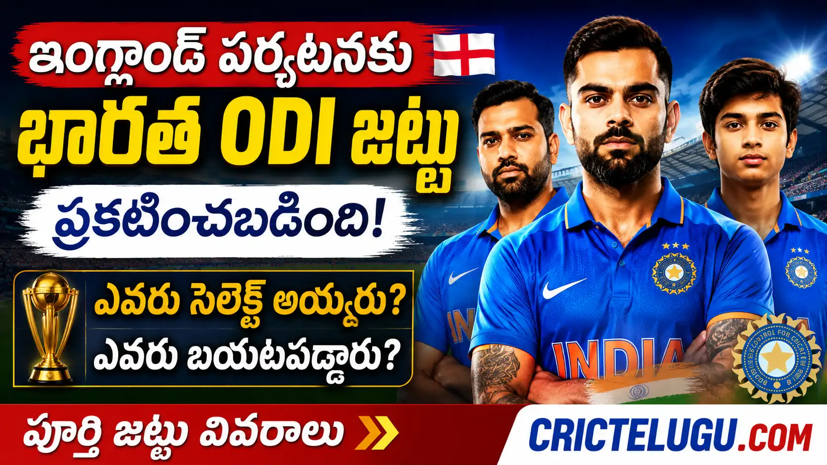 India Squad for England ODI Series 2026,ఇంగ్లాండ్ ODI పర్యటన కోసం ప్రకటించిన భారత జట్టు థంబ్‌నెయిల్‌లో విరాట్ కోహ్లీ, రోహిత్ శర్మ, వైభవ్ సూర్యవంశీతో పాటు CricTelugu.com లోగో కనిపిస్తున్న దృశ్యం.