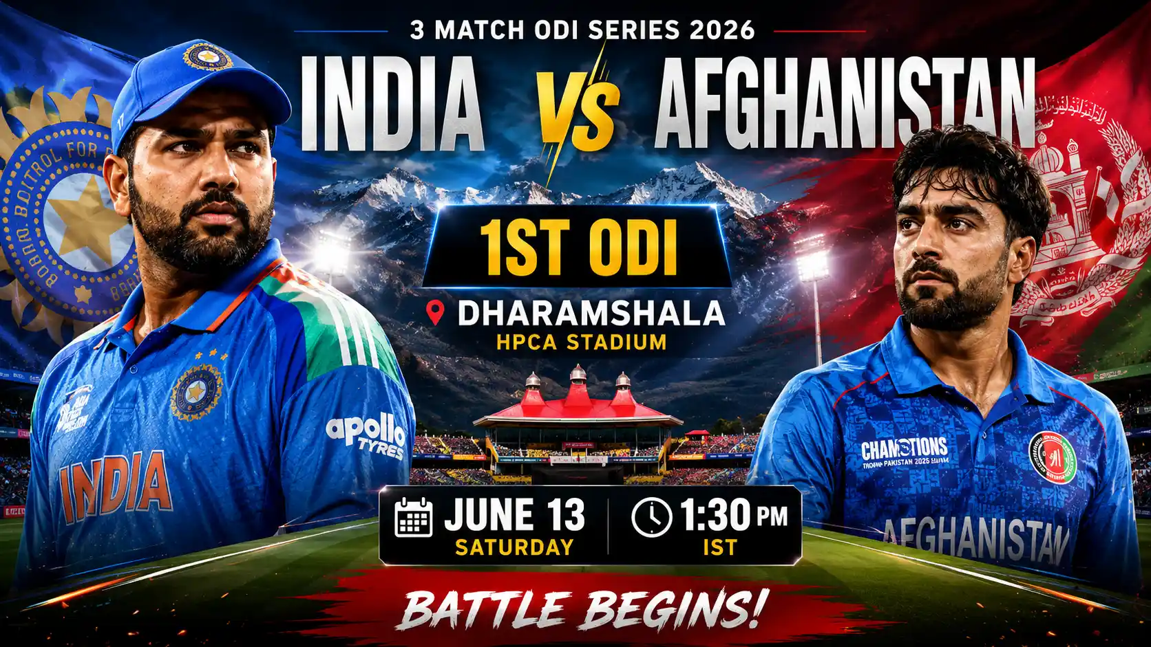 India vs Afghanistan 1st ODI 2026.India vs Afghanistan 1st ODI 2026 promotional thumbnail featuring Team India and Afghanistan players at Dharamshala HPCA Stadium.