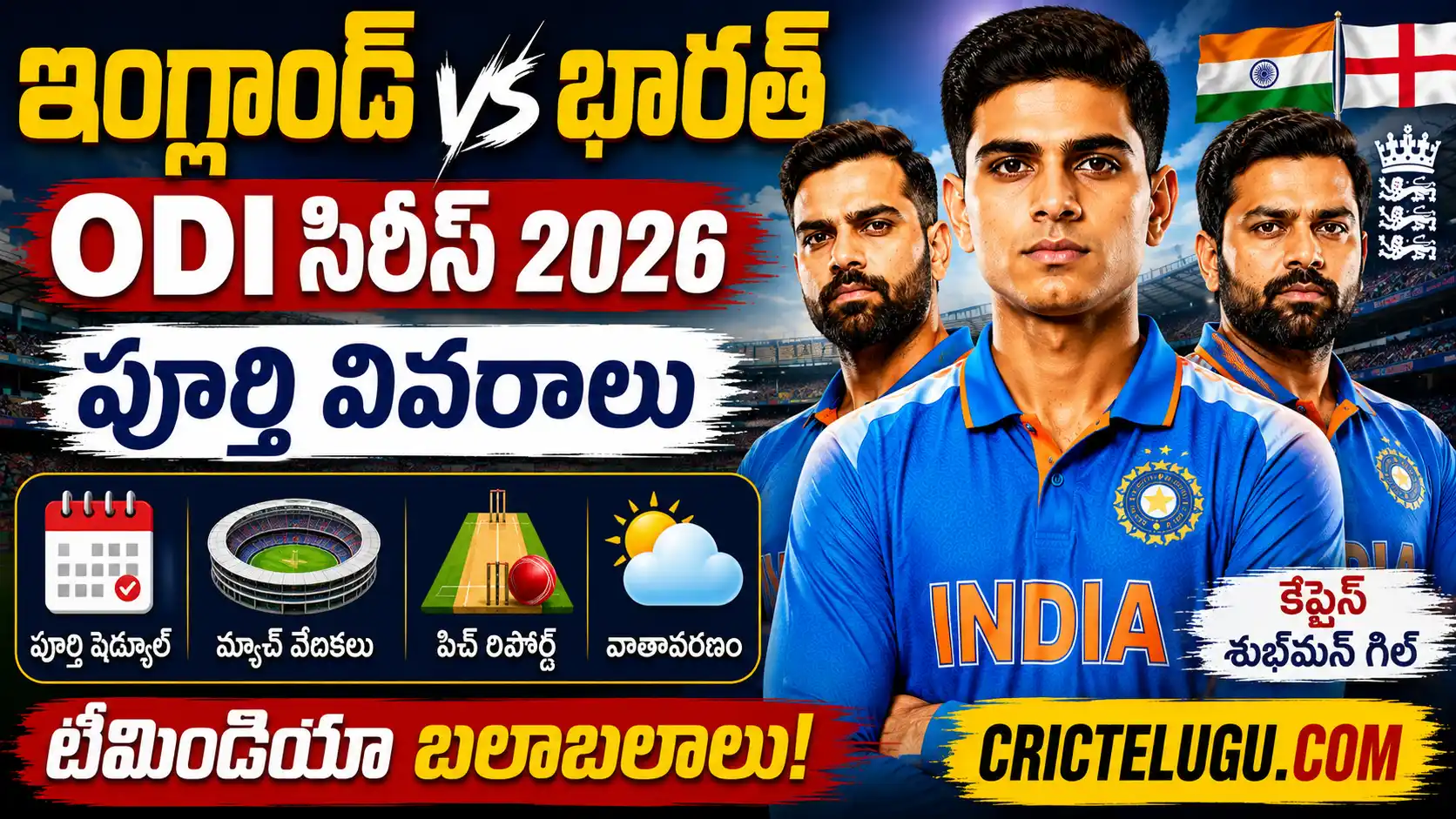 India vs England ODI Series,ఇంగ్లాండ్ vs భారత్ ODI సిరీస్ 2026 థంబ్‌నెయిల్, శుభ్‌మన్ గిల్‌తో పూర్తి వివరాలు.