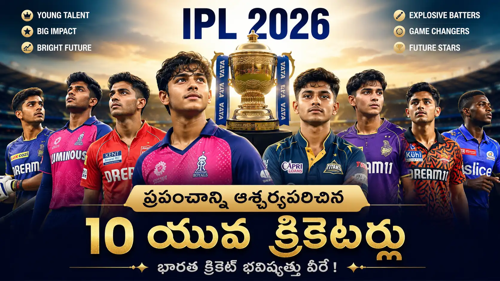 IPL 2026 యువ క్రికెటర్లు .IPL 2026లో ప్రపంచాన్ని ఆశ్చర్యపరిచిన టాప్ 10 యువ క్రికెటర్లు ప్రీమియం స్టేడియం బ్యాక్‌గ్రౌండ్‌లో IPL ట్రోఫీతో