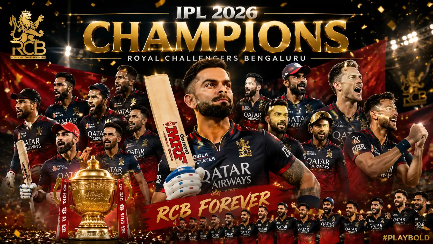 RCB IPL 2026 Champions team celebration with Virat Kohli and trophy