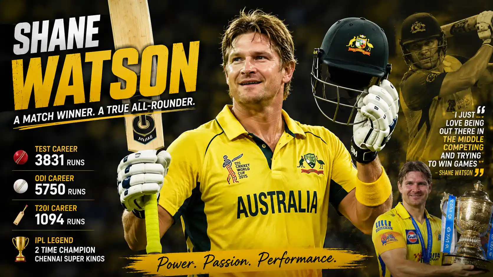 Shane Watson holding bat and helmet in Australia cricket jersey while celebrating at a packed cricket stadium