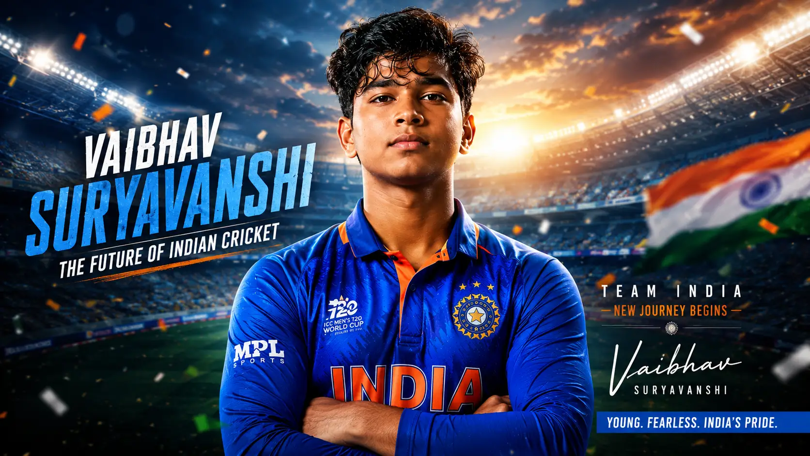 Vaibhav Suryavanshi in Team India jersey at a packed cricket stadium, celebrating his first India call-up as one of the brightest young talents in Indian cricket.