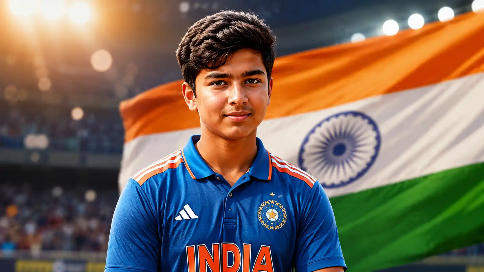 Vaibhav Suryavanshi wearing India cricket jersey with Indian national flag in the background at a stadium