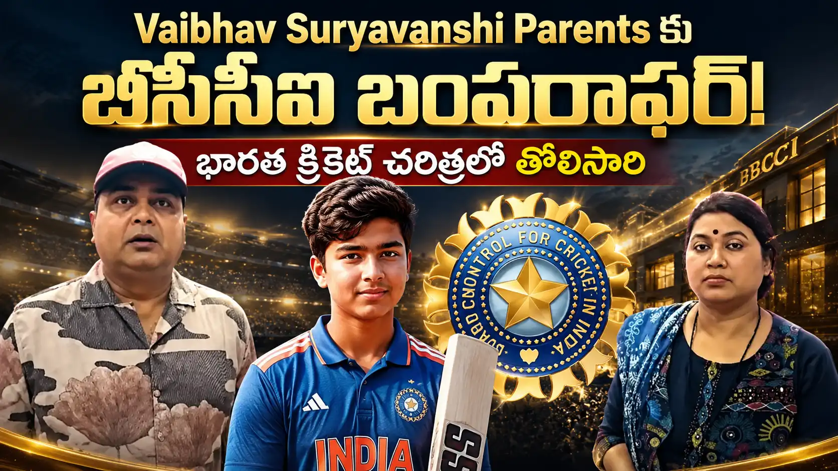 Vaibhav Suryavanshi with his parents as BCCI Vaibhav Suryavanshi Parents.announces a historic special offer for the young Indian cricketer's family