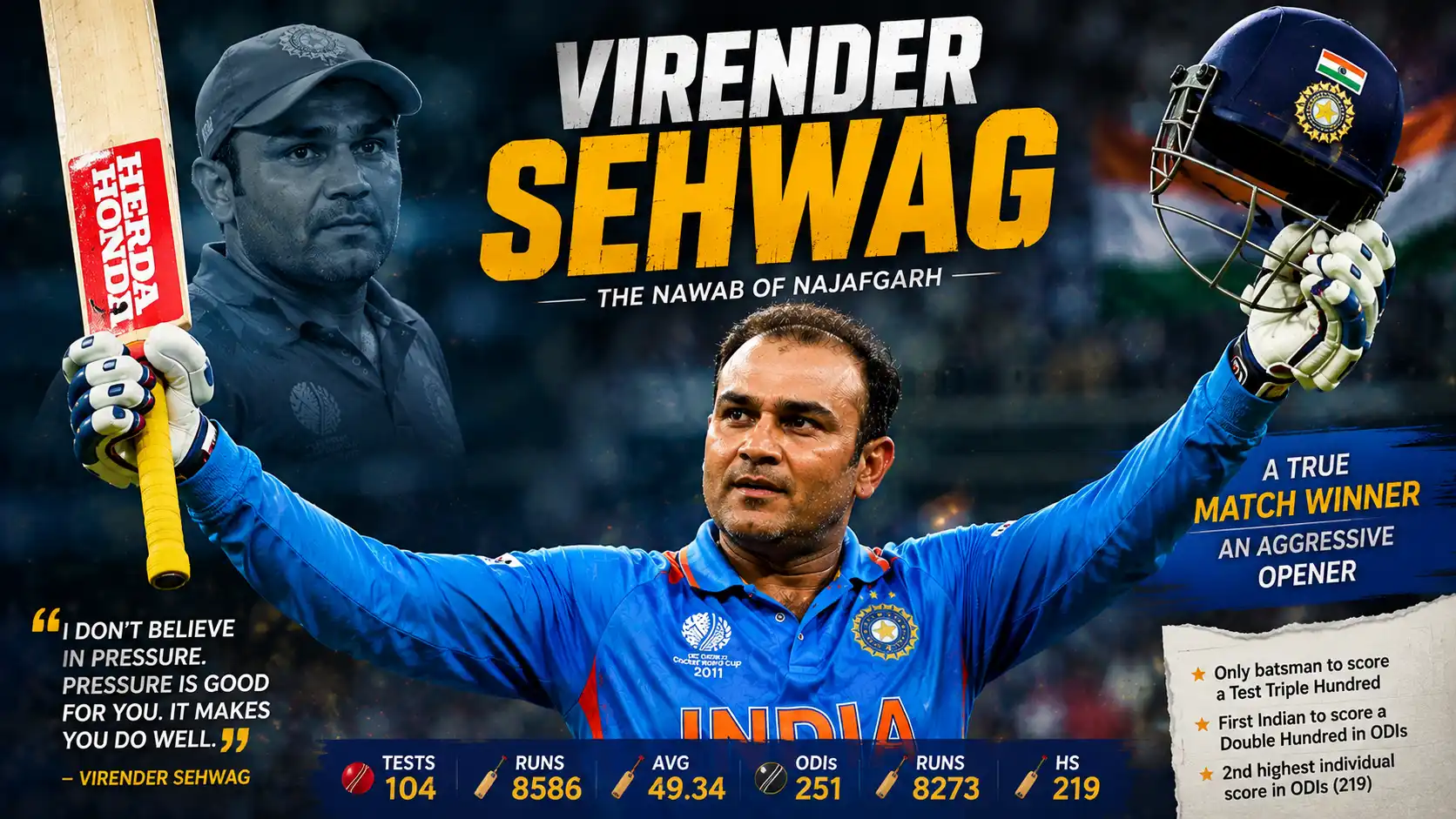 Virender Sehwag celebrating with bat and helmet raised in Team India jersey at a packed cricket stadium