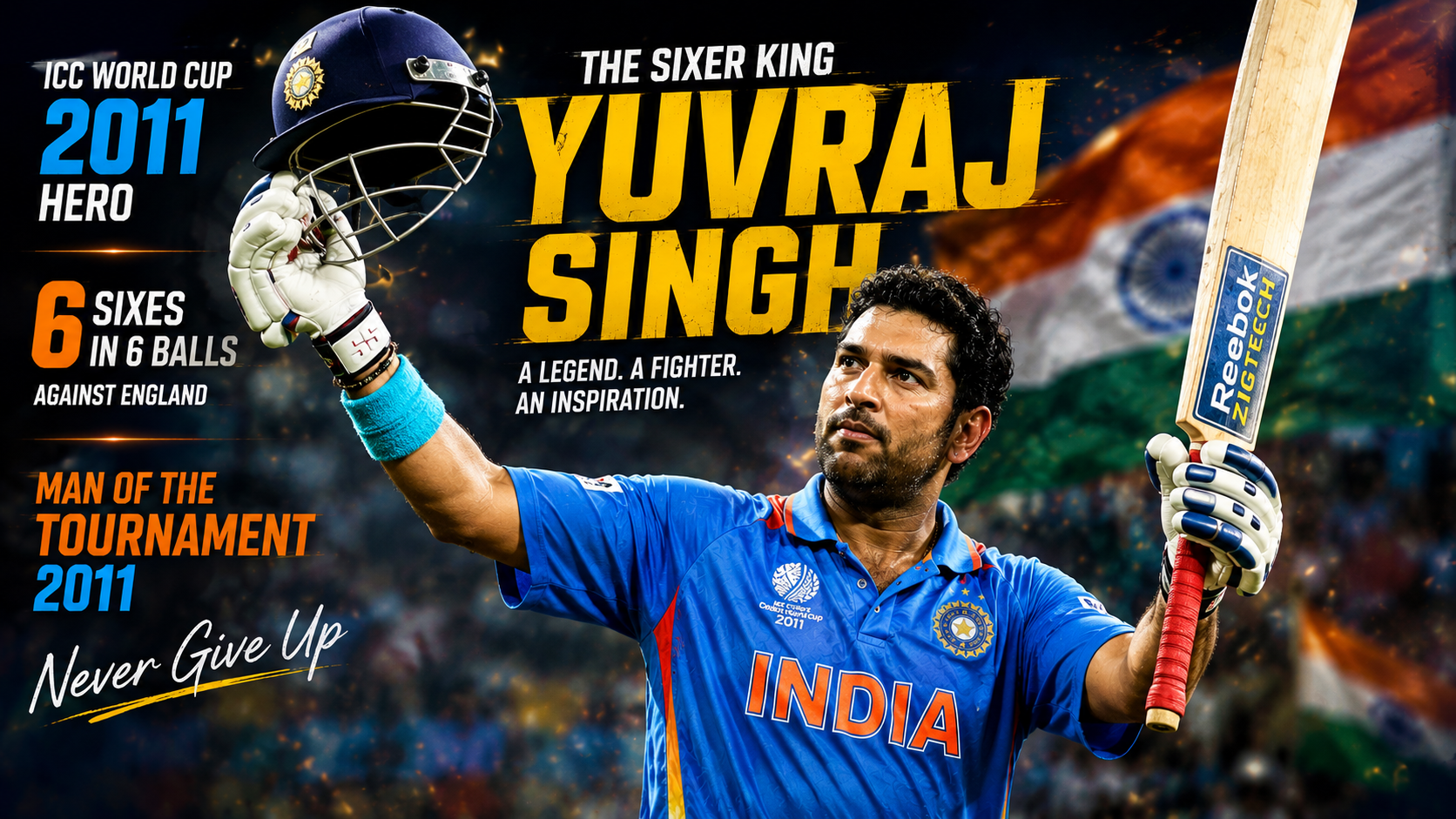 Yuvraj Singh celebrating with bat raised in Team India jersey during a cricket match with Indian flag and stadium lights in the background
