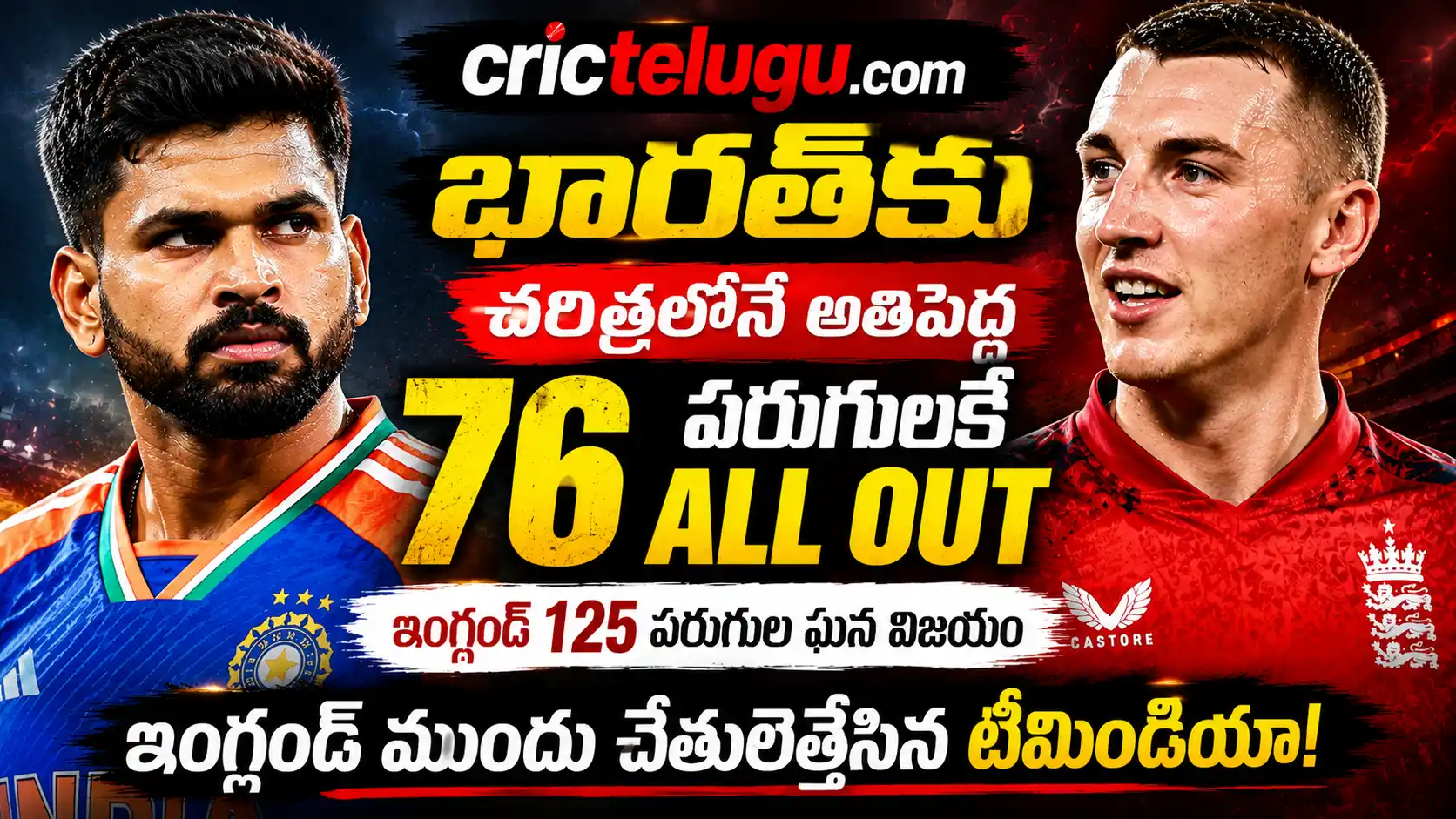 భారత్ అత్యంత ఘోర T20 ఓటమి.భారత్ చరిత్రలోనే అతిపెద్ద T20 ఓటమి తర్వాత నిరాశలో ఉన్న శ్రేయస్ అయ్యర్, సంబరాల్లో ఉన్న హ్యారీ బ్రూక్‌తో రూపొందించిన భారత్ vs ఇంగ్లండ్ మ్యాచ్ థంబ్‌నెయిల్.