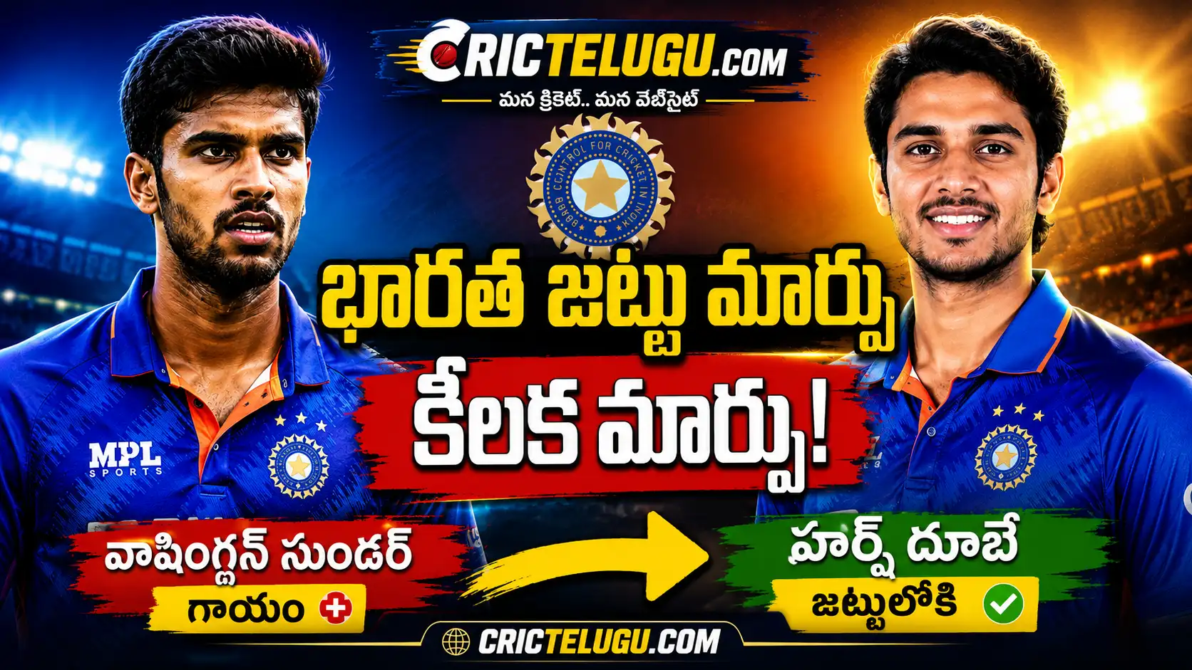 భారత జట్టు మార్పు నేపథ్యంలో వాషింగ్టన్ సుందర్ స్థానంలో హర్ష్ దూబేకు అవకాశం లభించిన నేపథ్యంలో CricTelugu.com బ్రేకింగ్ న్యూస్ థంబ్‌నెయిల్