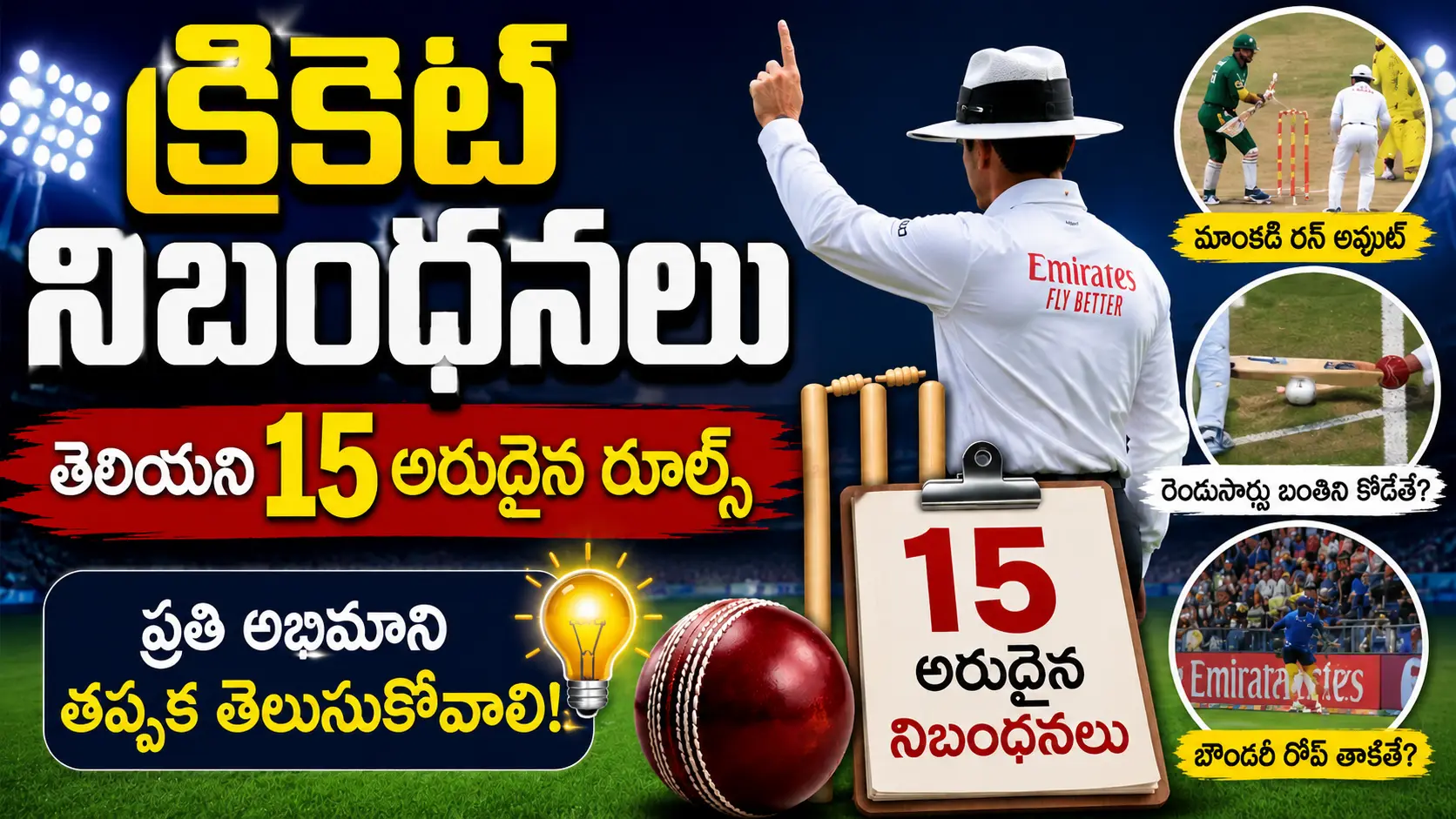 క్రికెట్ నిబంధనలు గురించి 15 అరుదైన రూల్స్‌ను చూపించే థంబ్‌నెయిల్‌లో అంపైర్, వికెట్లు, క్రికెట్ బాల్ మరియు ప్రత్యేక క్రికెట్ ఘటనల చిత్రాలు.