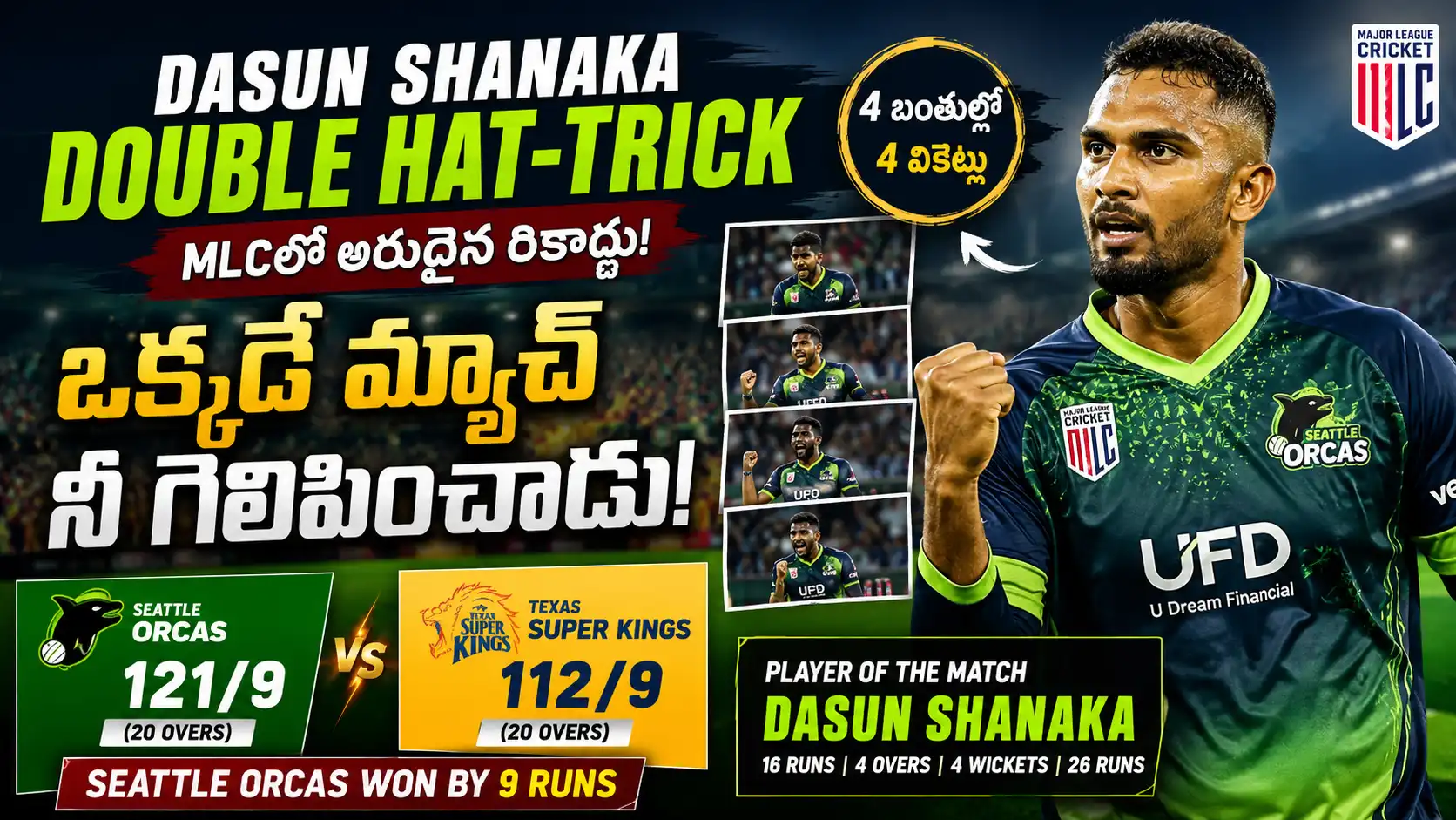 దసున్ షనకా డబుల్ హ్యాట్రిక్.Dasun Shanaka celebrates after his match-winning bowling spell for Seattle Orcas in Major League Cricket 2026, highlighting his sensational four-wicket performance against Texas Super Kings.