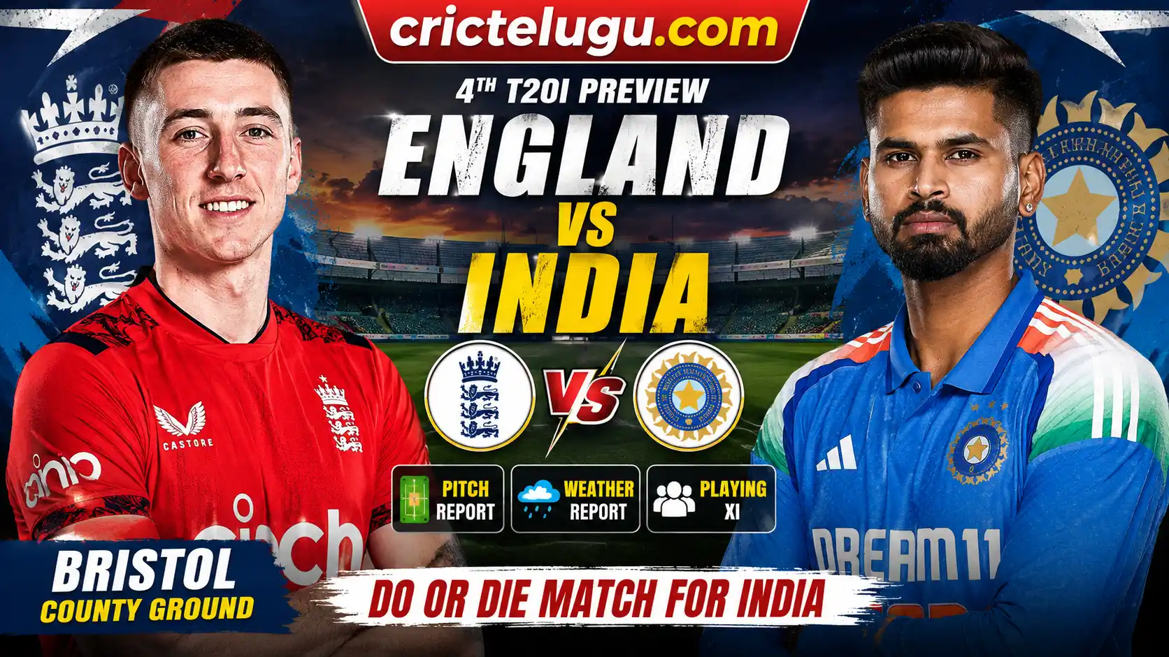 ENG vs IND 4th T20I Preview.England vs India 4th T20I Preview thumbnail featuring Harry Brook and Shreyas Iyer with Bristol County Ground background, CricTelugu.com branding, pitch report, weather report and playing XI highlights