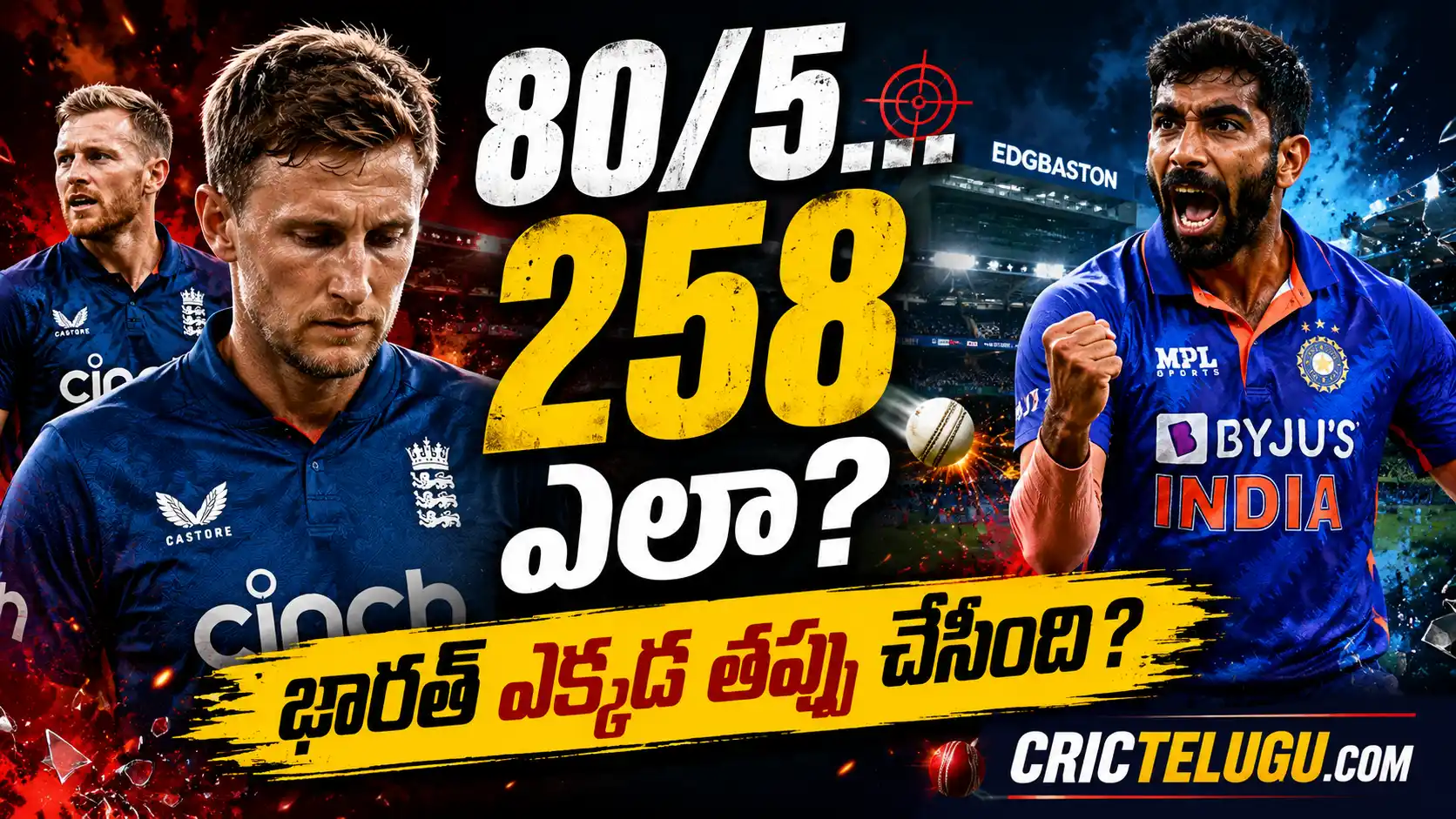 England vs India 1st ODI 2026.England 258 all out against India in the 1st ODI 2026 featuring Joe Root, Liam Dawson and Jasprit Bumrah with CricTelugu.com branding.