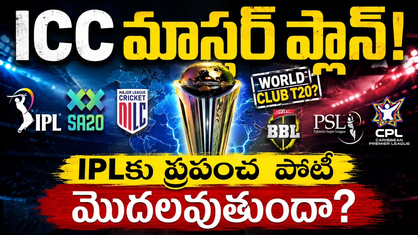 icc-world-club-t20.Concept thumbnail illustrating ICC's proposed future cricket calendar with a World Club T20 championship idea, featuring a trophy and major T20 league logos including IPL, MLC, SA20, BBL, PSL, and CPL.