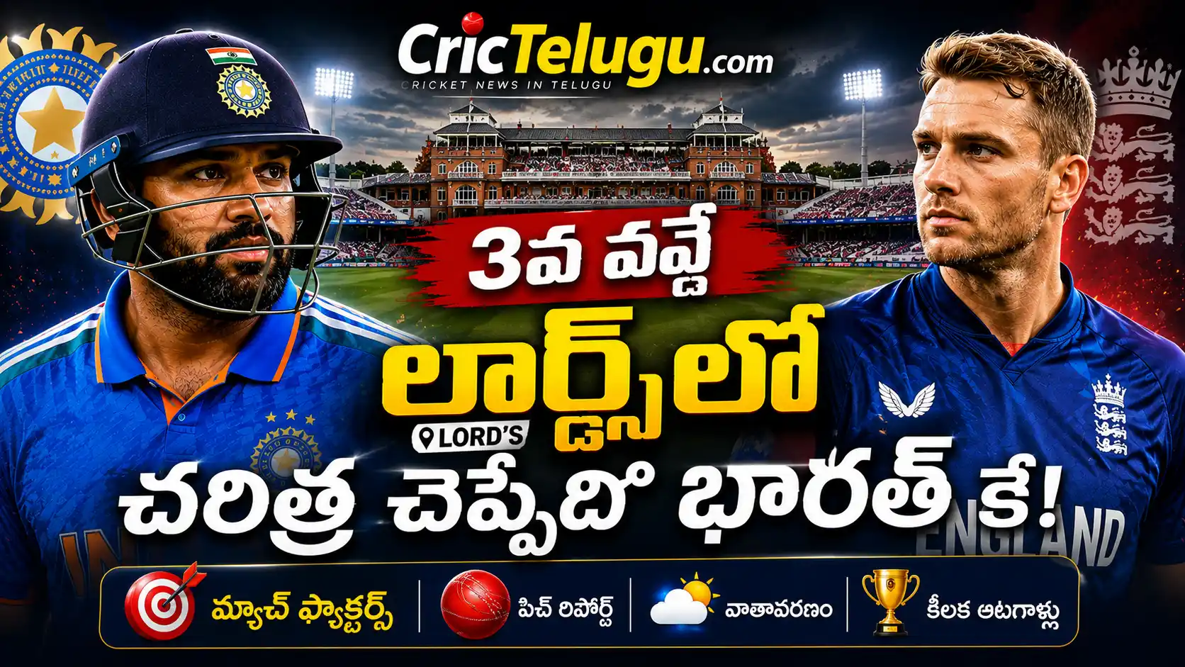IND vs ENG 3rd ODI.IND vs ENG 3వ వన్డేలో లార్డ్స్ వేదికగా భారత్, ఇంగ్లండ్ మధ్య జరిగే నిర్ణయాత్మక పోరును చూపిస్తున్న CricTelugu.com ప్రీమియం థంబ్‌నెయిల్