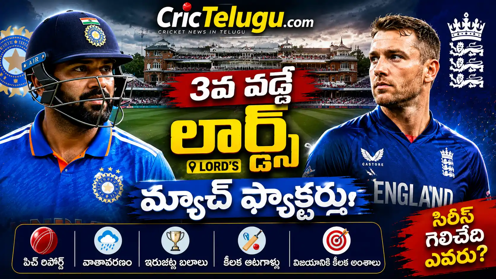 IND vs ENG 3rd ODI.IND vs ENG 3వ వన్డే లార్డ్స్ మ్యాచ్‌కు ముందు కీలక మ్యాచ్ ఫ్యాక్టర్లను చూపిస్తున్న CricTelugu.com ప్రీమియం థంబ్‌నెయిల్