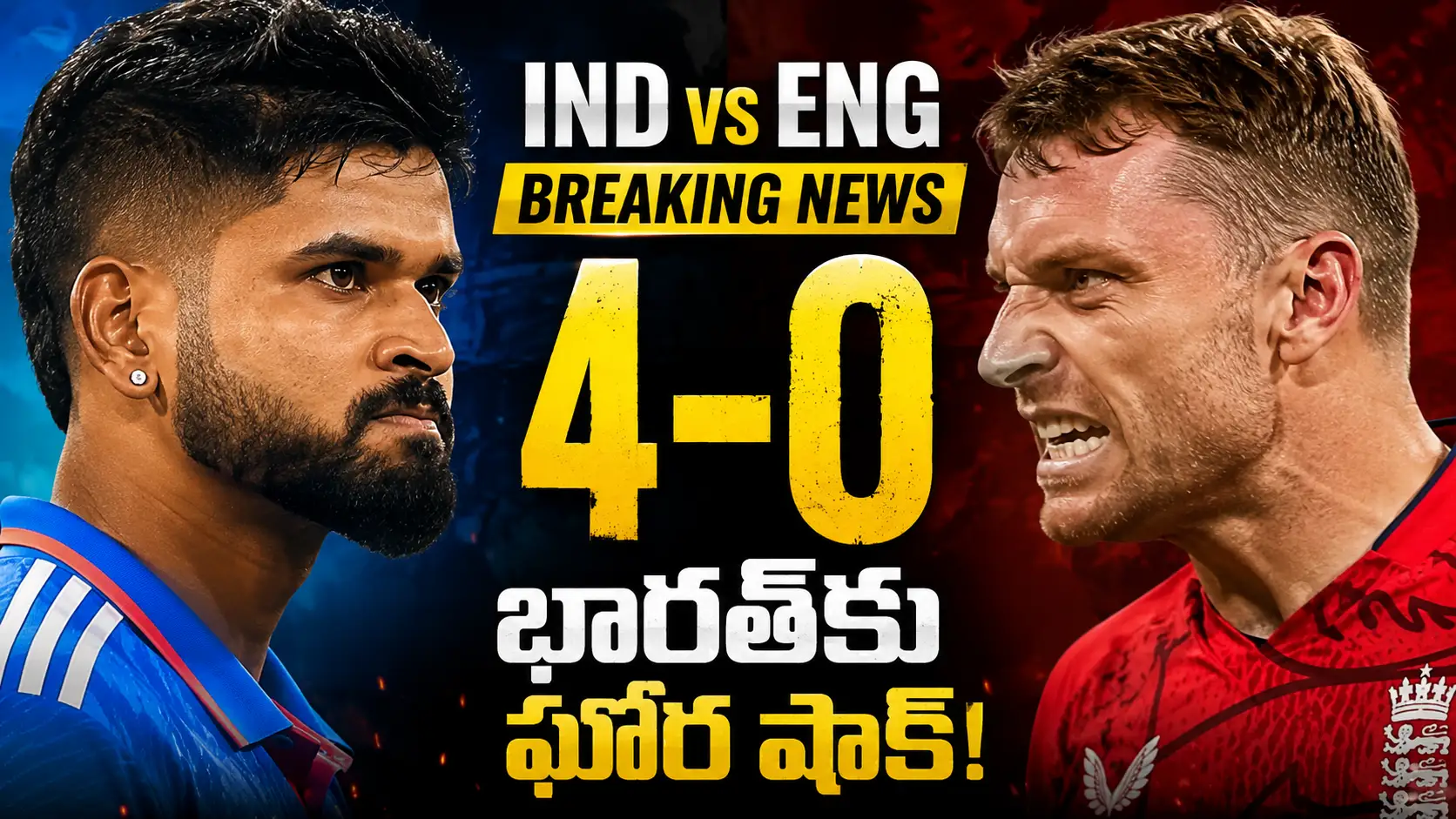 England vs aIndia 5వ టీ20.IND vs ENG Breaking News థంబ్‌నెయిల్‌లో శ్రేయస్ అయ్యర్ నిరాశతో, జోస్ బట్లర్ ఆగ్రహ సంబరాలతో కనిపిస్తున్న క్లోజ్-అప్ ఫేస్ డిజైన్. ఇంగ్లండ్ 4-0తో టీ20 సిరీస్ గెలిచిన సందర్భాన్ని చూపించే CricTelugu.com ప్రీమియం థంబ్‌నెయిల్.