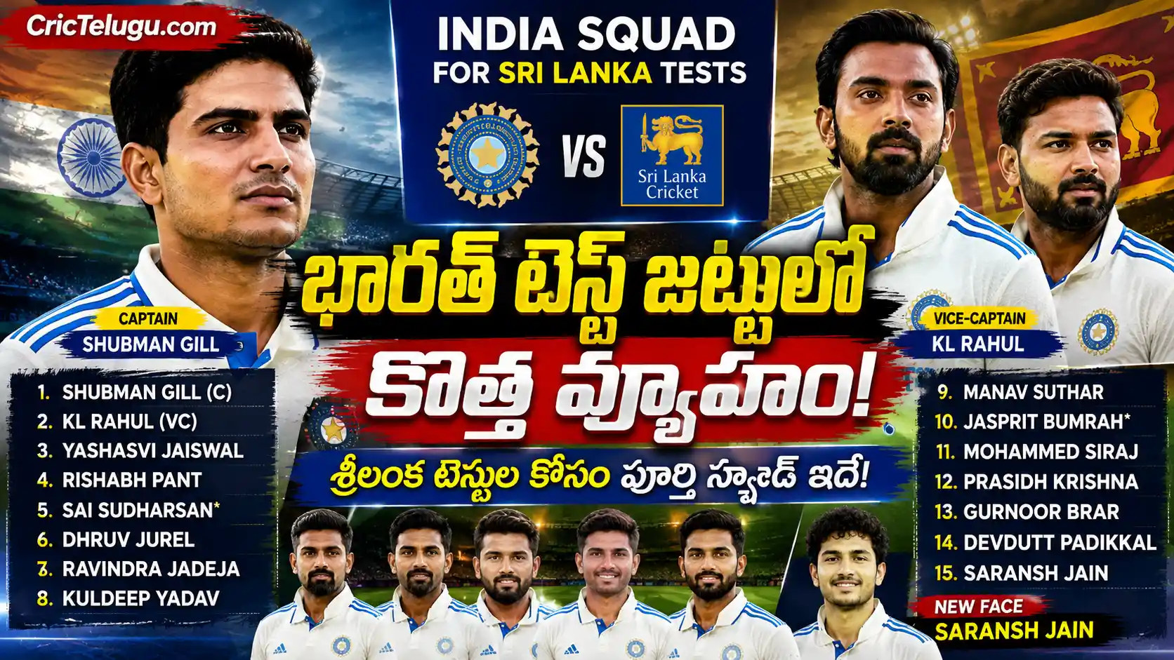 భారత్ టెస్ట్ జట్టు. శ్రీలంక టెస్ట్ సిరీస్‌కు ప్రకటించిన భారత జట్టు సభ్యులతో CricTelugu.com ప్రత్యేక థంబ్‌నెయిల్