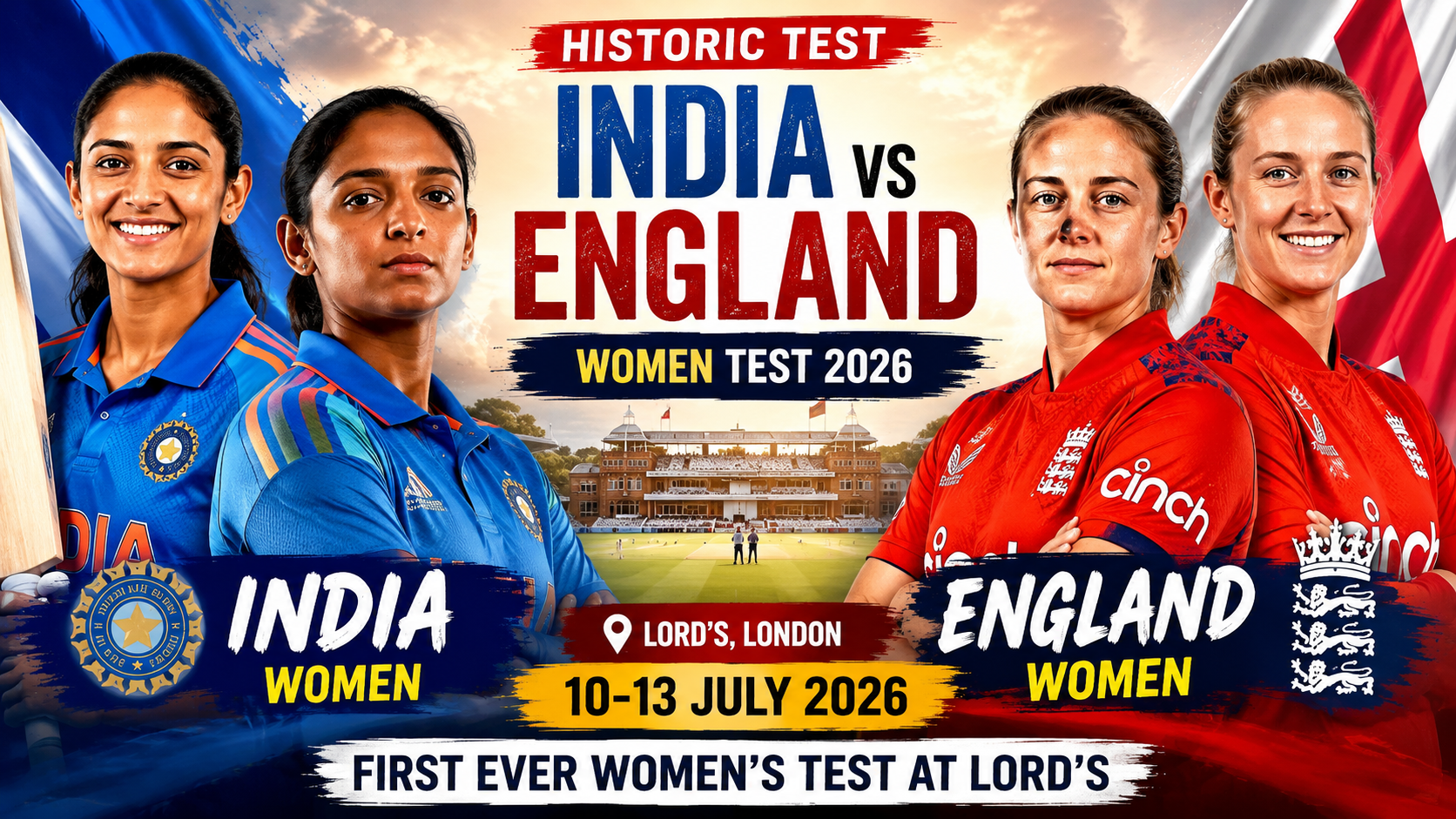 India Women vs England Women Test 2026 thumbnail featuring Smriti Mandhana, Harmanpreet Kaur, Nat Sciver-Brunt and Heather Knight at Lord's Cricket Ground.