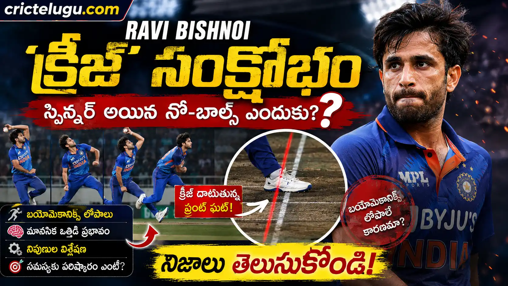 Ravi Bishnoi No Balls.Ravi Bishnoi No Balls analysis thumbnail showing Ravi Bishnoi bowling action, crease overstep, biomechanics illustration and CricTelugu.com branding.