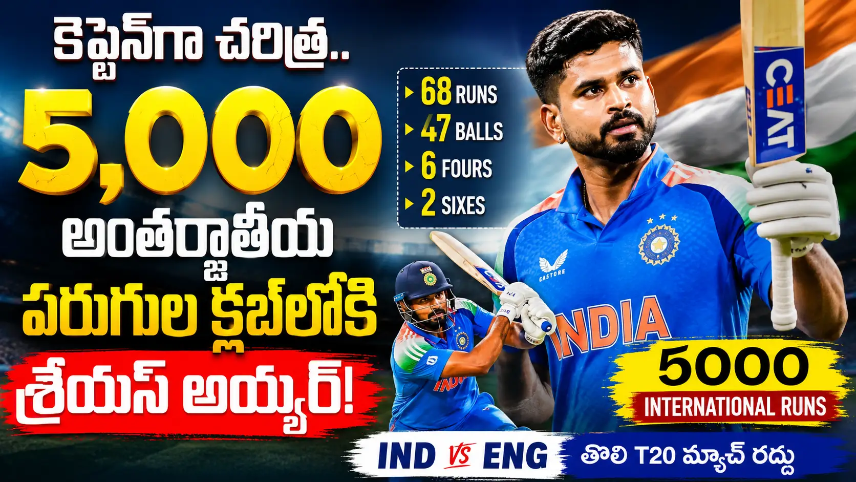 Shreyas Iyer 5000 Runs.Shreyas Iyer celebrates 5000 international runs during India vs England T20 match | CricTelugu