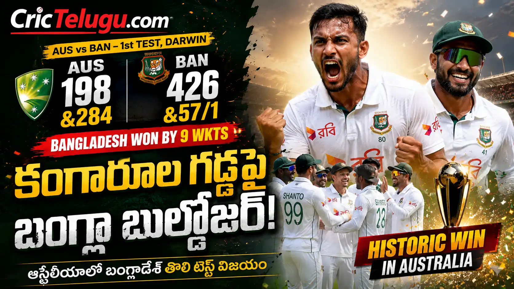 ఆస్ట్రేలియాపై బంగ్లాదేశ్ విజయంఆస్ట్రేలియాపై బంగ్లాదేశ్ 9 వికెట్ల చారిత్రక టెస్ట్ విజయం
