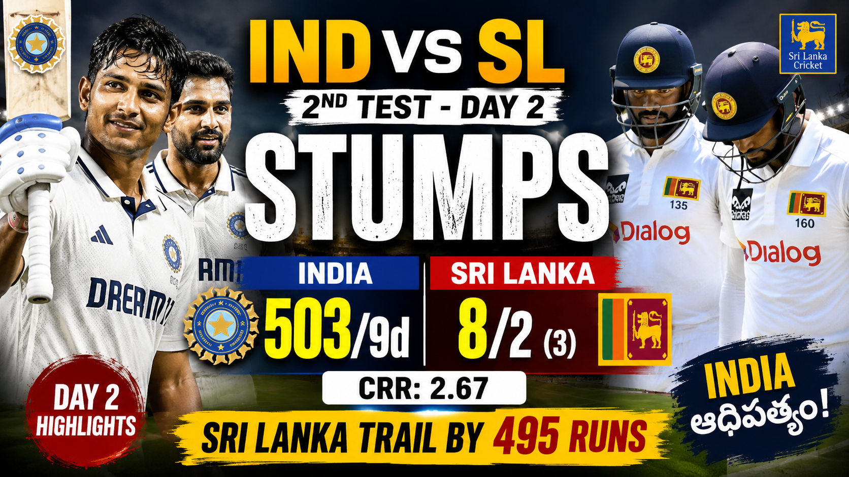 IND vs SL Day 2 Stumps. IND vs SL 2nd Test Day 2 Stumps thumbnail showing India at 503/9d and Sri Lanka at 8/2, with Sri Lanka trailing by 495 runs.