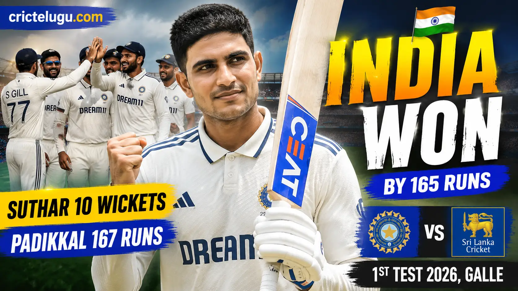 India vs Sri Lanka 1st Test 2026. India vs Sri Lanka 1st Test 2026లో 165 పరుగుల తేడాతో భారత్ విజయం సందర్భంగా శుభ్‌మన్ గిల్‌తో భారత జట్టు సంబరాలు