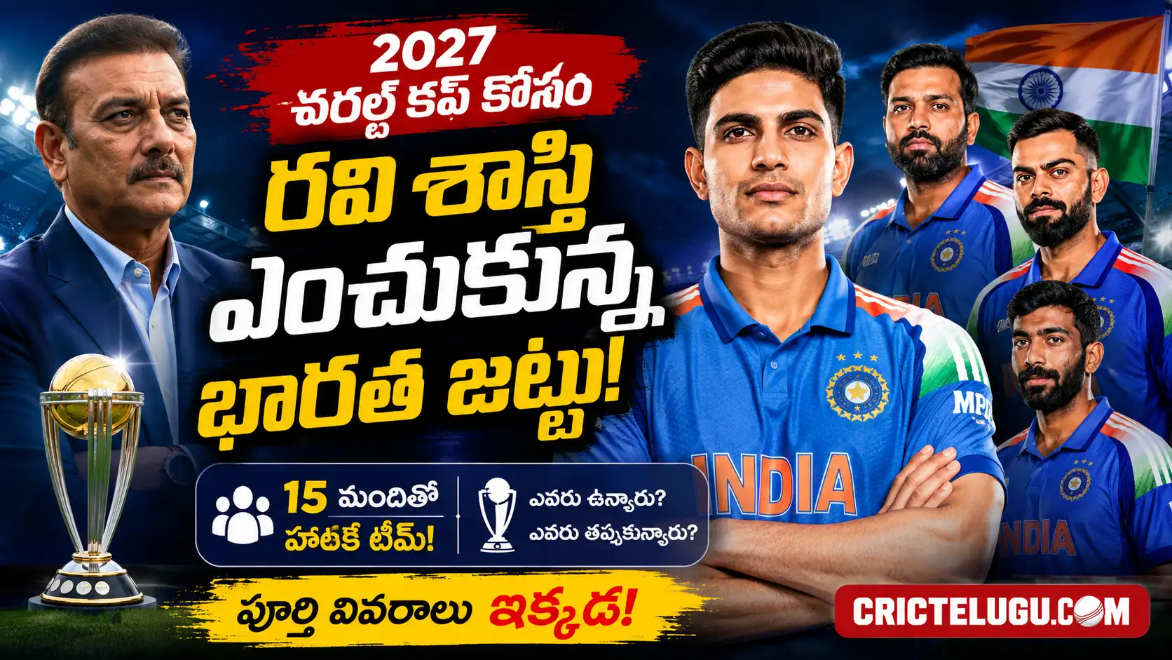 వరల్డ్ కప్ 2027 భారత జట్టు కోసం రవి శాస్త్రి ఎంపిక చేసిన ఆటగాళ్లతో CricTelugu.com ప్రత్యేక థంబ్‌నెయిల్