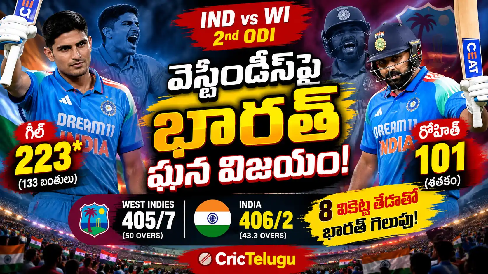 IND vs WI 2nd ODIలో శుభ్‌మన్ గిల్ 223, రోహిత్ శర్మ 101తో భారత్ 8 వికెట్ల విజయం