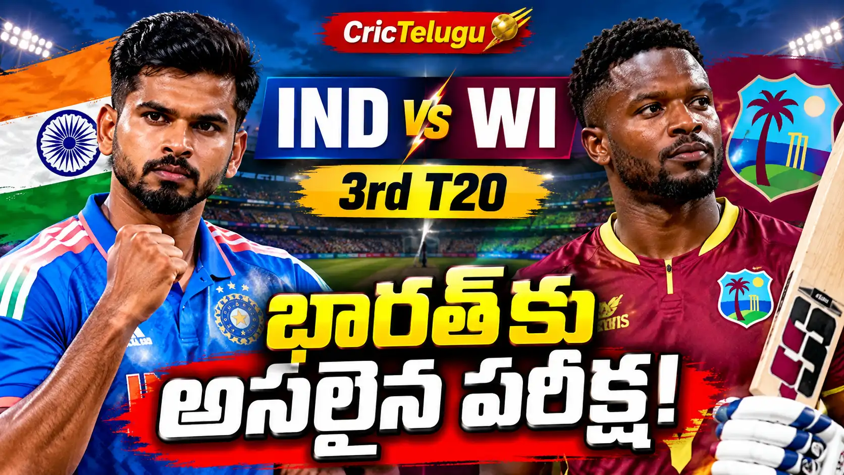 India vs West Indies 3rd T20 2026 match preview thumbnail with Indian and West Indies cricketers – CricTelugu
