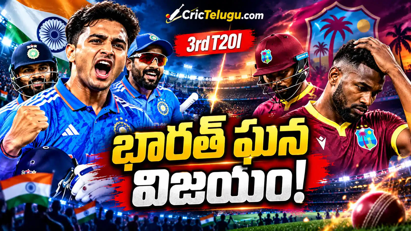 IND vs WI 3rd T20I. India vs West Indies 3rd T20I 2026 cricket thumbnail featuring Indian and West Indies players with CricTelugu branding