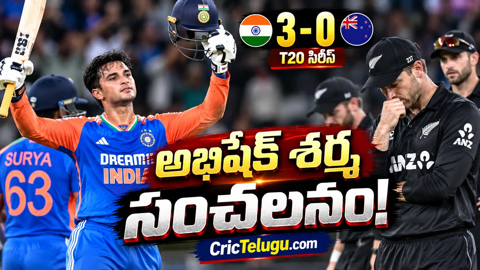 India vs New Zealand 3rd T20I Match Result. India vs New Zealand 3rd T20I thumbnail featuring Indian batter celebrating and disappointed New Zealand cricket players with CricTelugu.com branding.