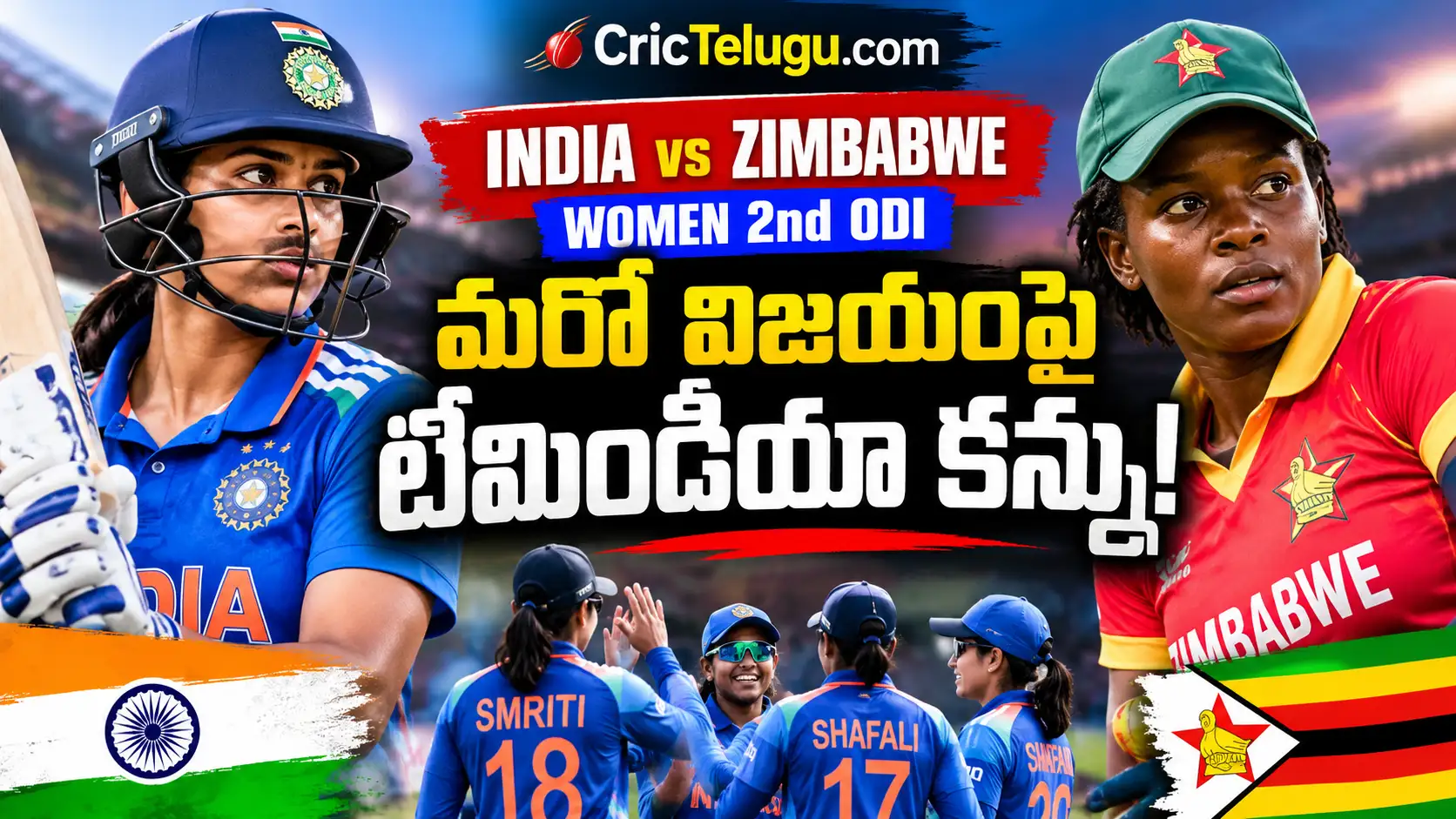 India vs Zimbabwe Women 2nd ODI. India Women vs Zimbabwe Women 2nd ODI cricket match thumbnail featuring Indian and Zimbabwean women cricketers