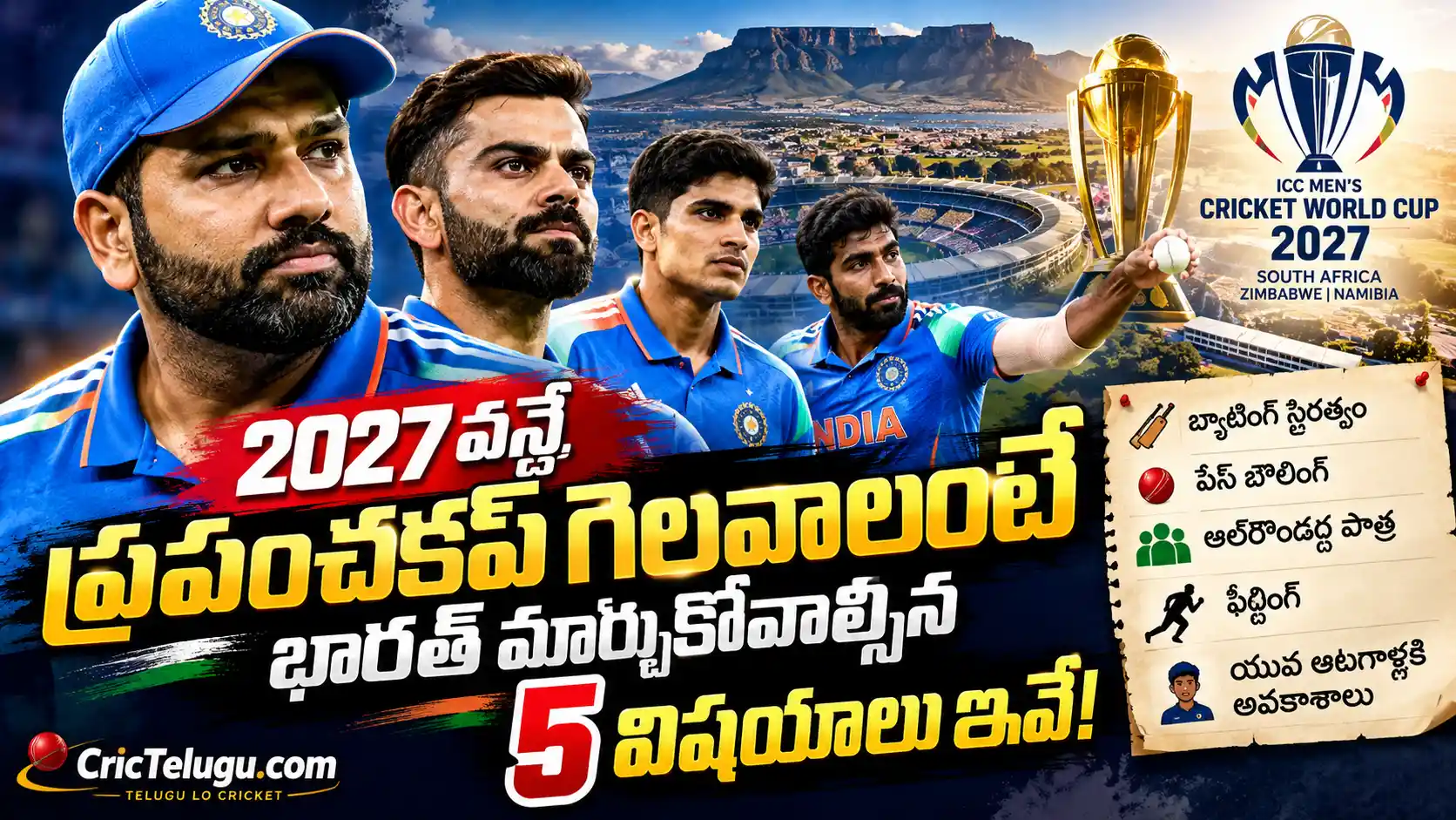 2027 వన్డే ప్రపంచకప్‌లో భారత్ టైటిల్ గెలవడానికి అవసరమైన ఐదు కీలక అంశాలపై టీమ్ ఇండియా క్రికెట్ విశ్లేషణ